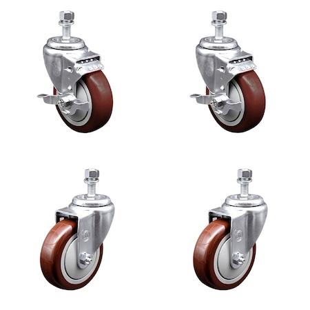 Service Caster 4 Inch Maroon Polyurethane Wheel Swivel 1/2 Inch Threaded Stem Caster Brakes, 2PK SCC-TS20S414-PPUB-MRN-TLB-121315-2S2